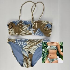 Aerie Keyhole Bandeau Bikini Tropical Palm Print Blue Gold‎ Womens Size XS